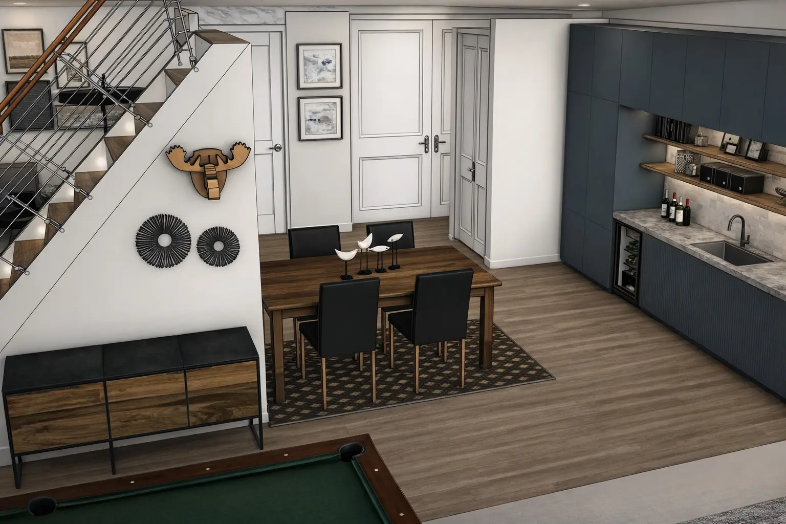 3d rendering of basement with kithen